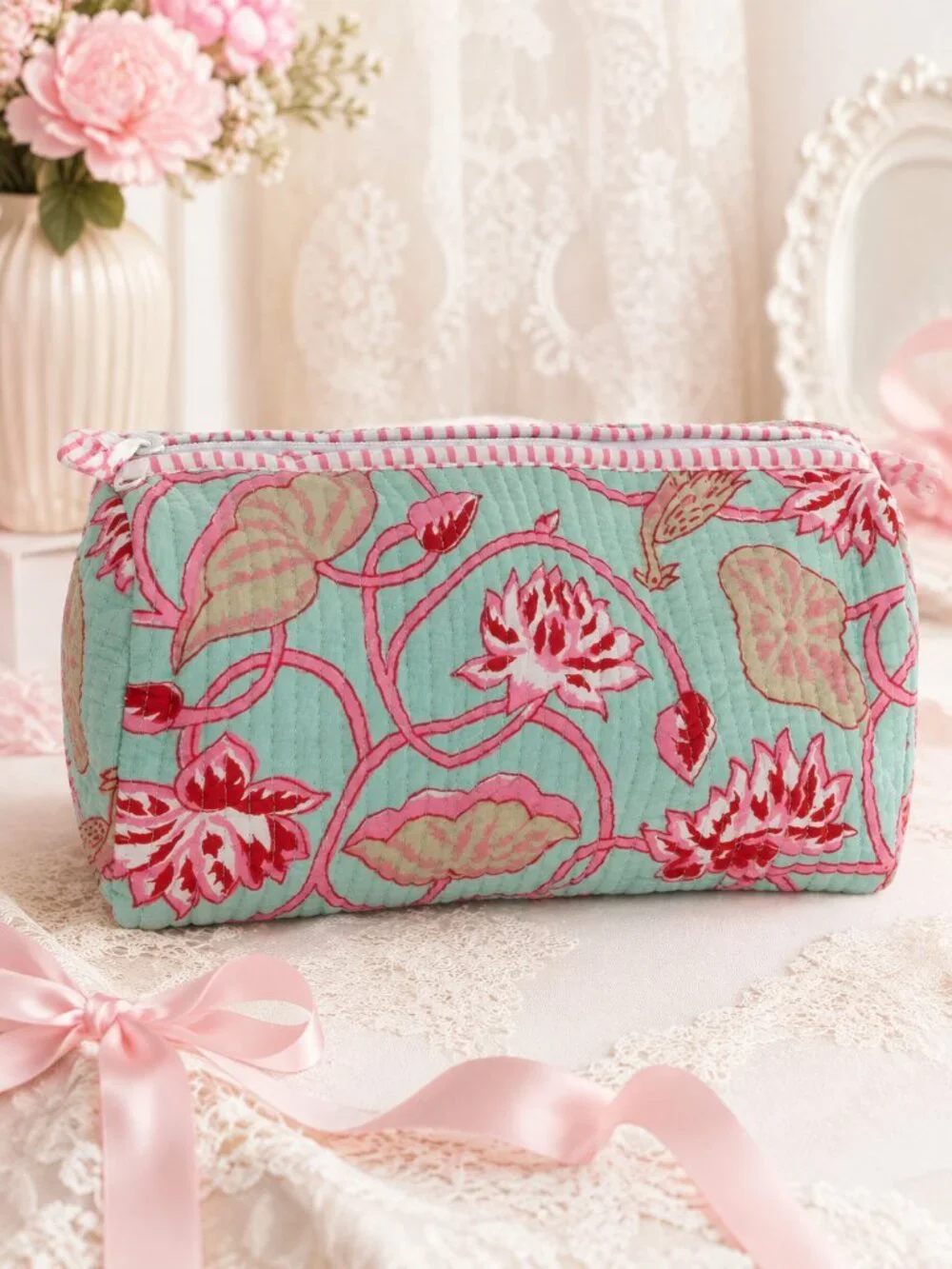 Large Makeup Storage Pink Floral Fabric Coquette Style Quilted Cosmetic Bag
